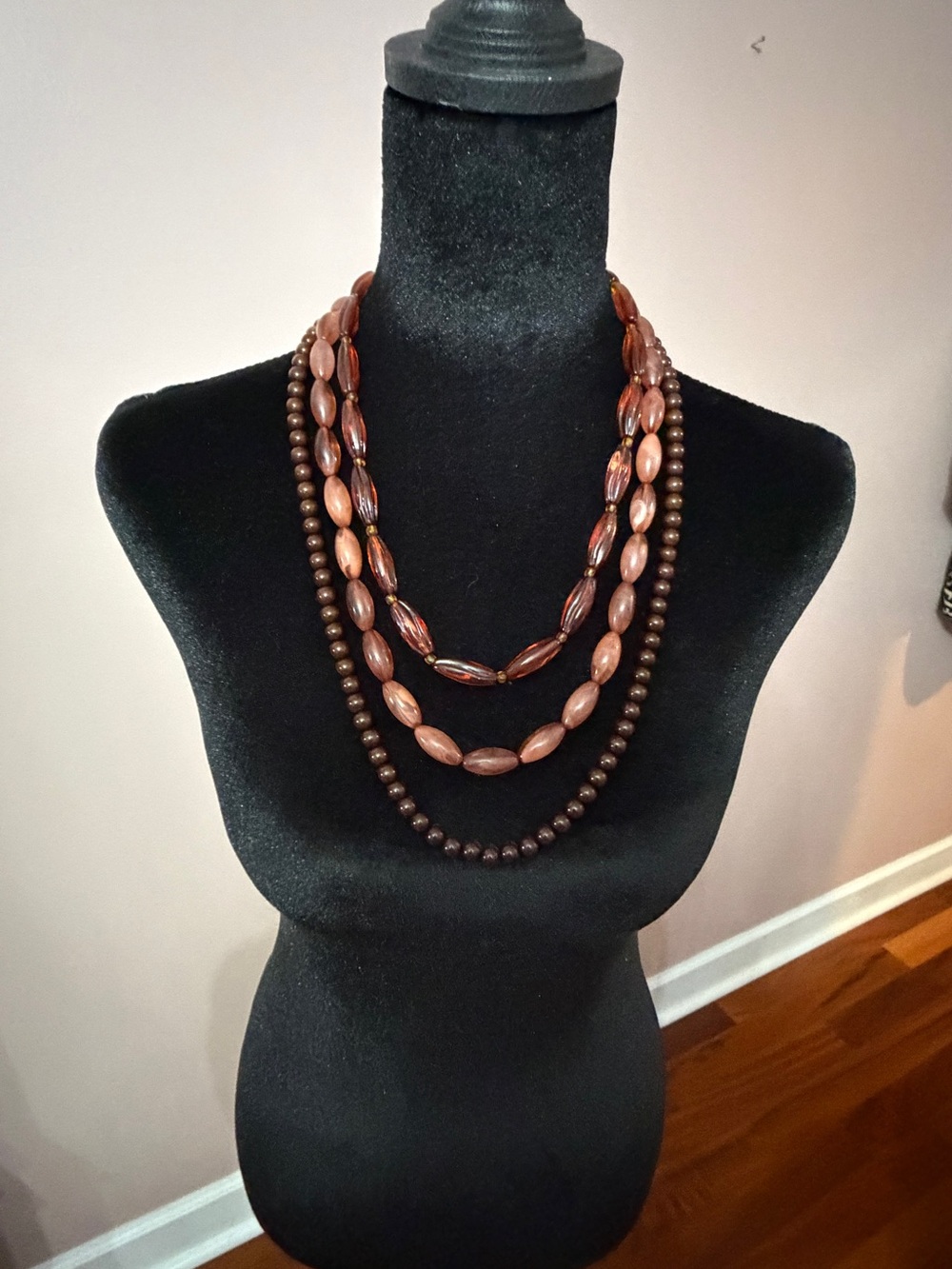 Vintage 3 Strand Rosy Pink Brown Beaded Necklace
